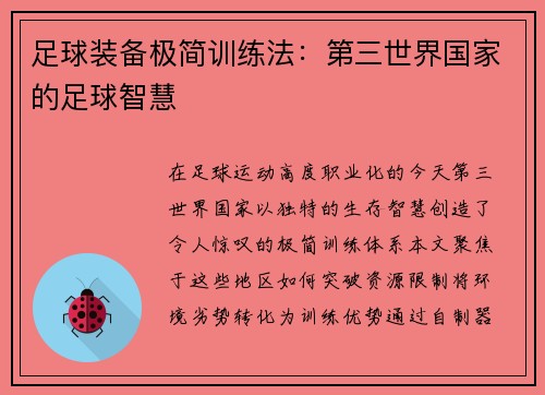 足球装备极简训练法：第三世界国家的足球智慧