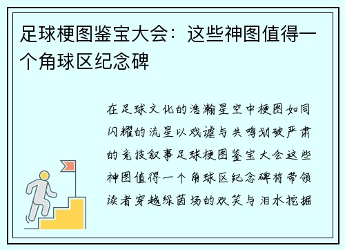 足球梗图鉴宝大会：这些神图值得一个角球区纪念碑