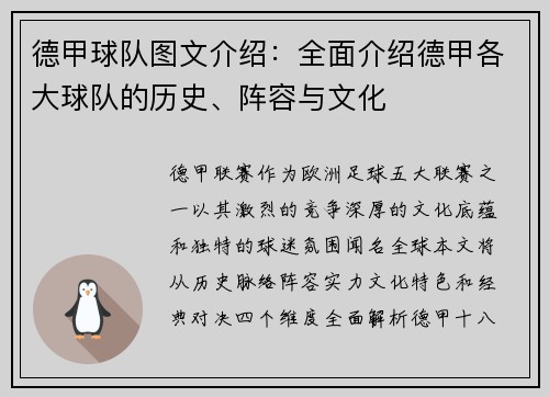 德甲球队图文介绍：全面介绍德甲各大球队的历史、阵容与文化