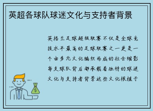 英超各球队球迷文化与支持者背景